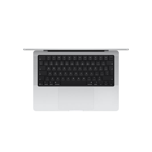 Overhead top perspective of the Magic Keyboard deck on 14-inch MacBook Pro M5 1TB Silver from Tradeline.