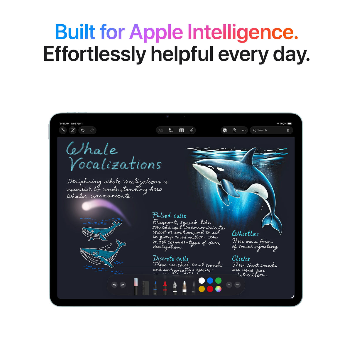 Apple Intelligence features displayed on the 11-inch iPad Air Wi-Fi 128GB Blue M4 at Tradeline.
