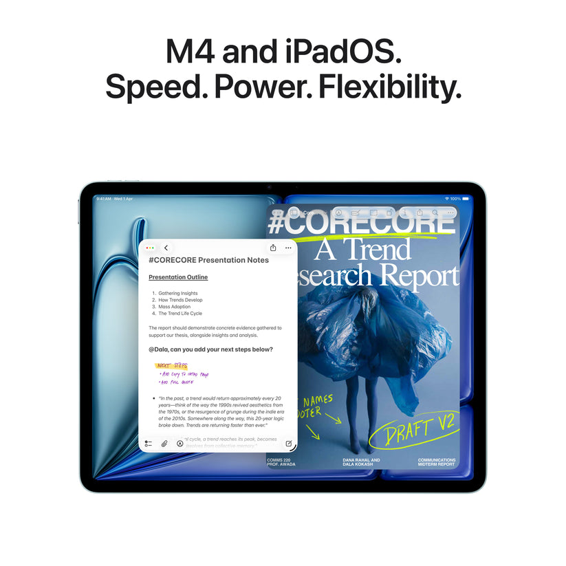 Focus view highlighting the M4 chip on the 11-inch iPad Air Wi-Fi 128GB Blue from Tradeline.
