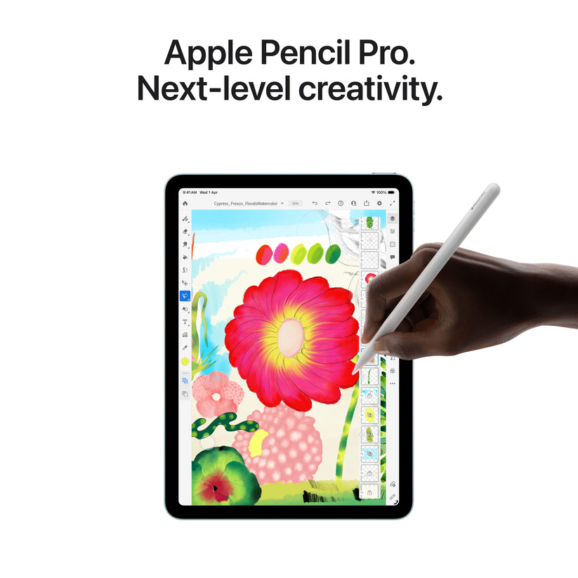 Drawing on the 11-inch iPad Air Wi-Fi 128GB Blue M4 using the Apple Pencil Pro from Tradeline.
