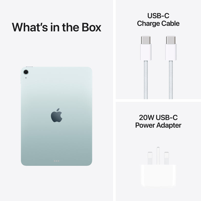 In-box content showing the cable and adapter for the 11-inch iPad Air Wi-Fi 128GB Blue M4 at Tradeline.

