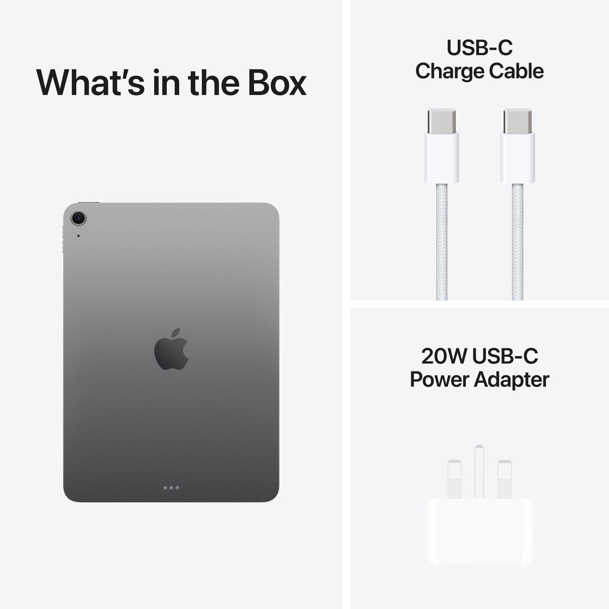 In-box content showing the cable and adapter for the 11-inch iPad Air Wi-Fi 1TB Space Grey M4 at Tradeline.