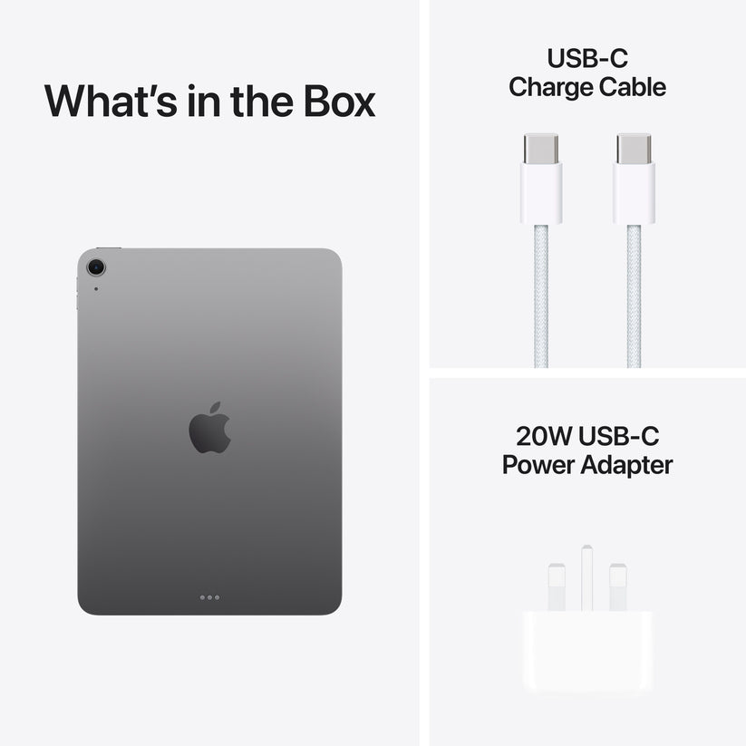 In-box content showing the cable and adapter for the 11-inch iPad Air Wi-Fi 1TB Space Grey M4 at Tradeline.