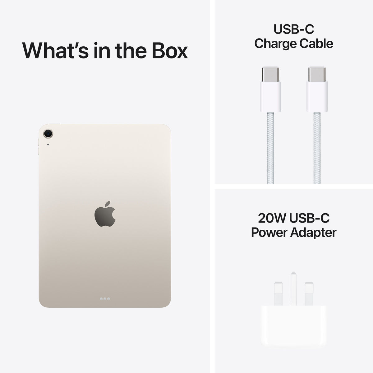 In-box content showing the cable and adapter for the 11-inch iPad Air Wi-Fi 1TB Starlight M4 at Tradeline.
