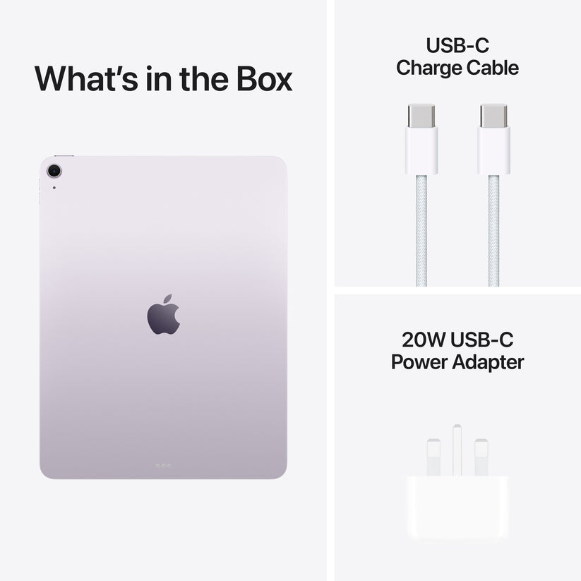 In-box content showing the cable and adapter for the 13-inch iPad Air Wi-Fi 128GB Purple M4 at Tradeline.