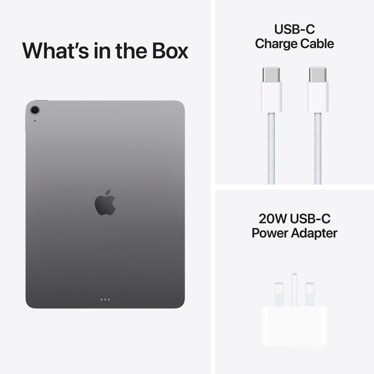 In-box content showing the cable and adapter for the 13-inch iPad Air Wi-Fi 128GB Space Grey M4 at Tradeline.
