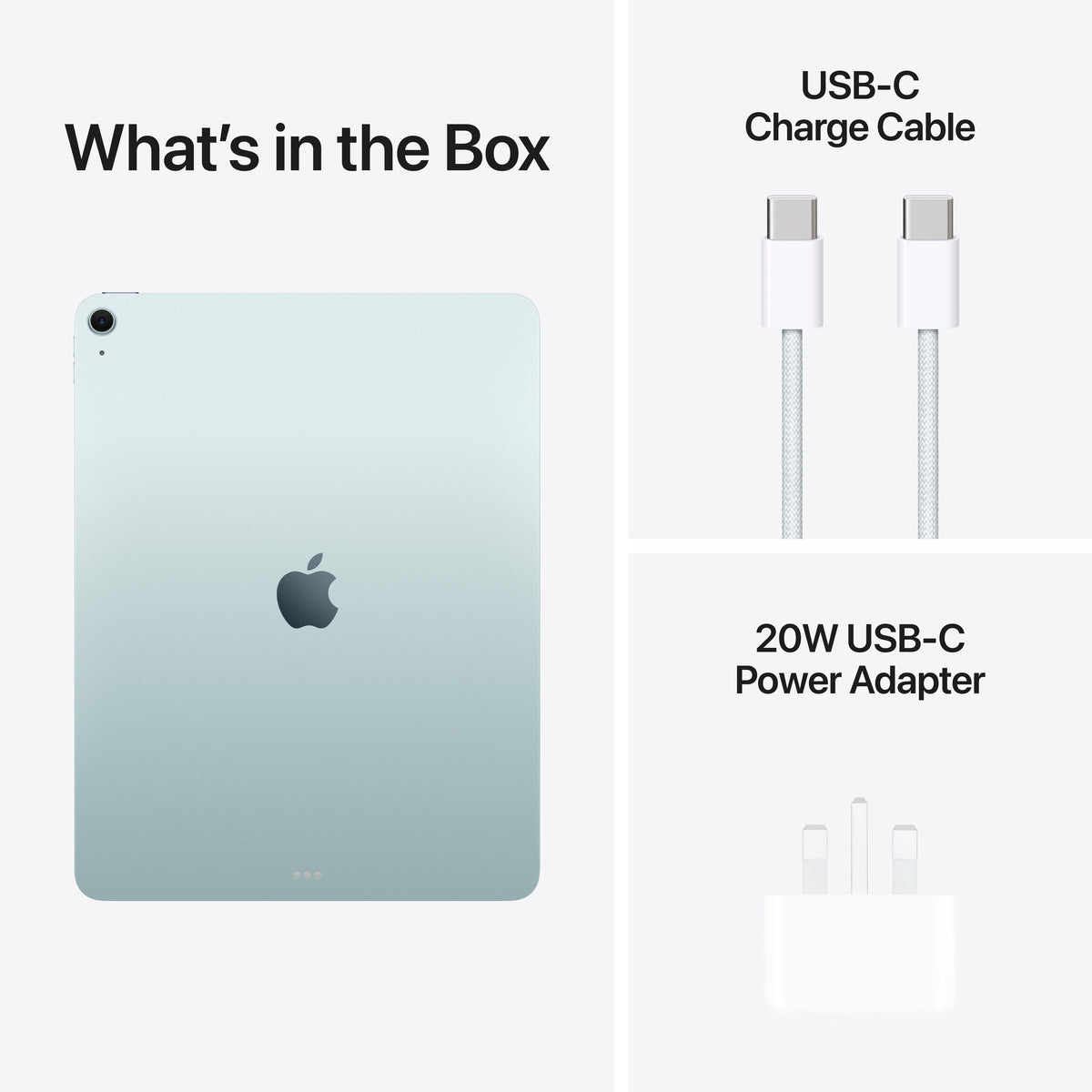 In-box content showing the cable and adapter for the 13-inch iPad Air Wi-Fi 256GB Blue M4 at Tradeline.