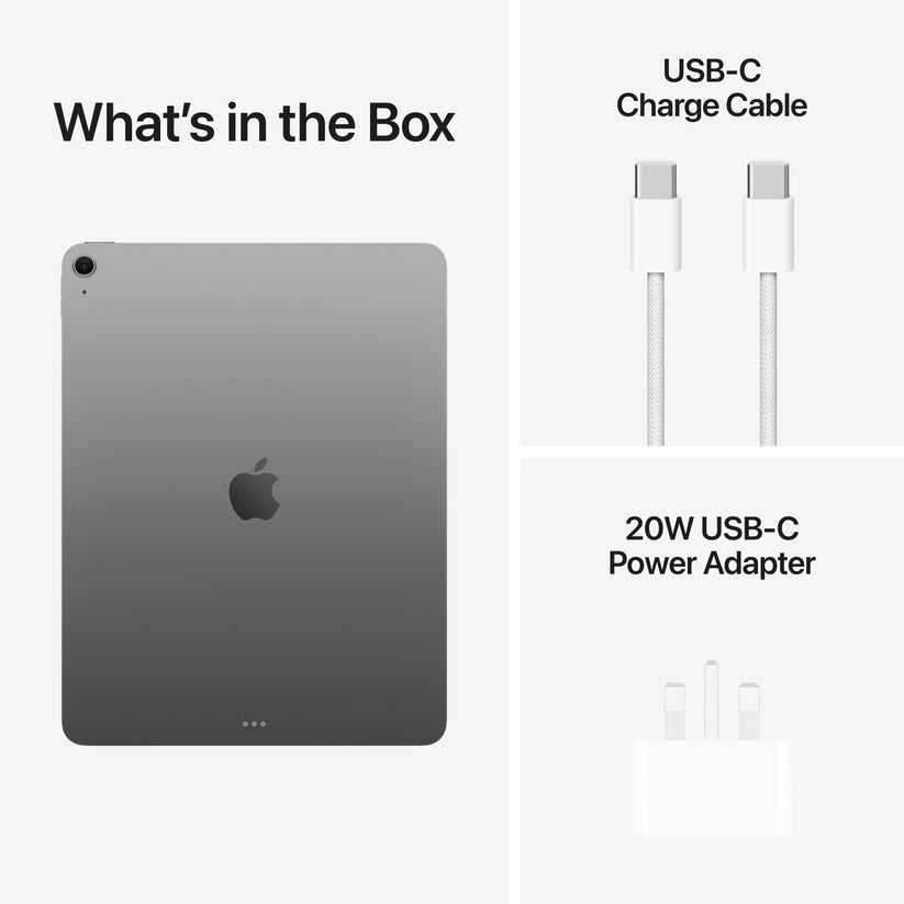 In-box content showing the cable and adapter for the 13-inch iPad Air Wi-Fi 256GB Space Grey M4 at Tradeline.
