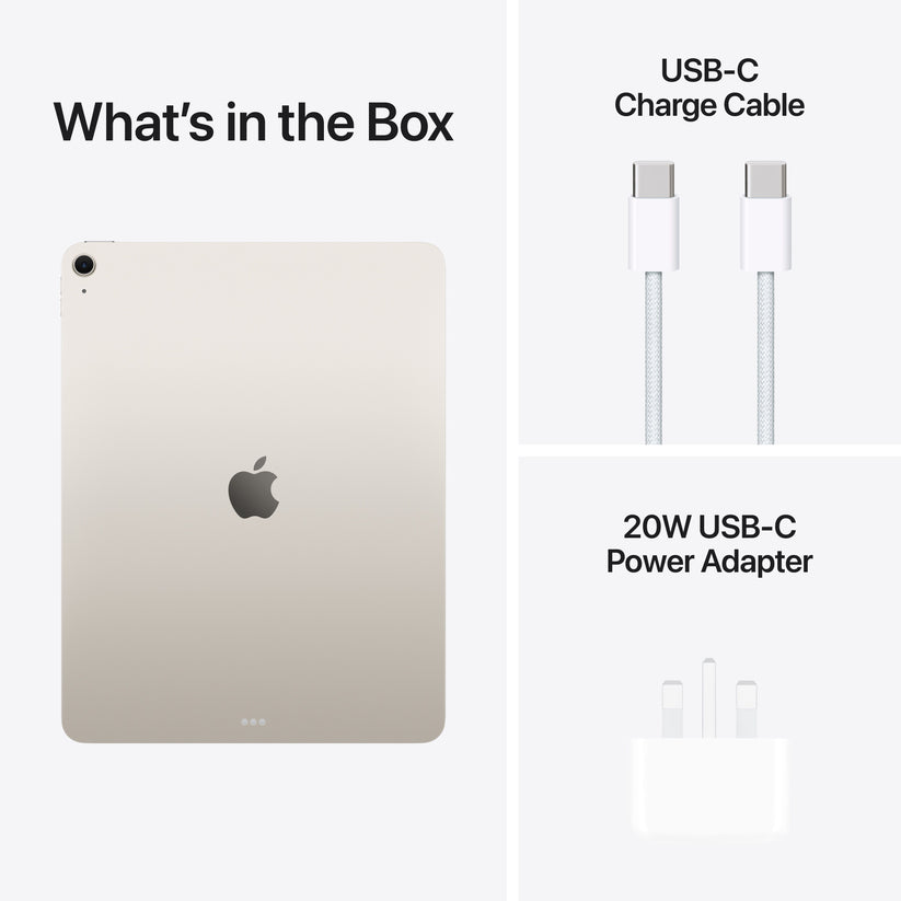 In-box content showing the cable and adapter for the 13-inch iPad Air Wi-Fi 256GB Starlight M4 at Tradeline.
