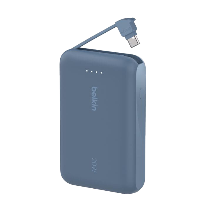 باور بنك Belkin BoostCharge بسعة 10,000 مللي أمبير مع كابل USB-C مدمج بقدرة 20 واط - أزرق