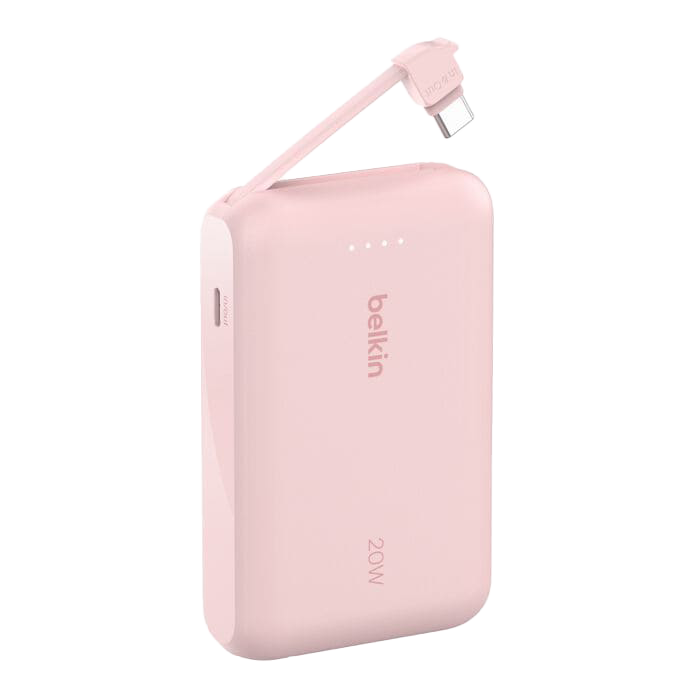 باور بنك Belkin BoostCharge بسعة 10,000 مللي أمبير مع كابل USB-C مدمج بقدرة 20 واط - وردي