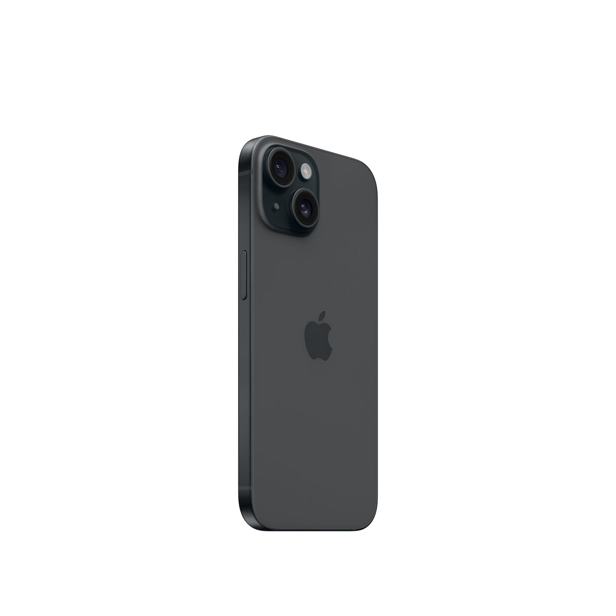 An angled rear view of the black iPhone 15 showcasing the diagonal dual-lens camera system within its square enclosure.