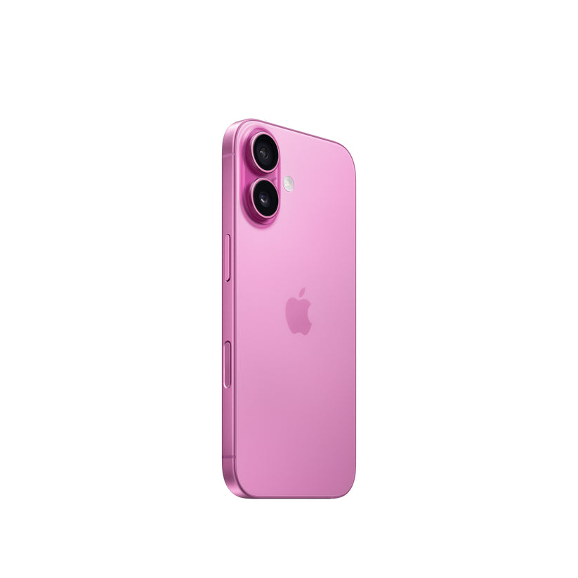 An angled rear view of the pink iPhone 16 highlighting its vibrant glass back, centered Apple logo, raised vertical dual-lens camera island with the flash beside it, and the side button layout along the color-matched aluminum frame.
