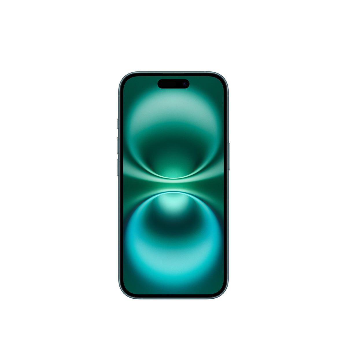 A front-facing view of the teal iPhone 16 showing its rich teal Super Retina XDR display, slim bezels, side buttons along the color-matched aluminum frame, and the pill-shaped Dynamic Island cutout.