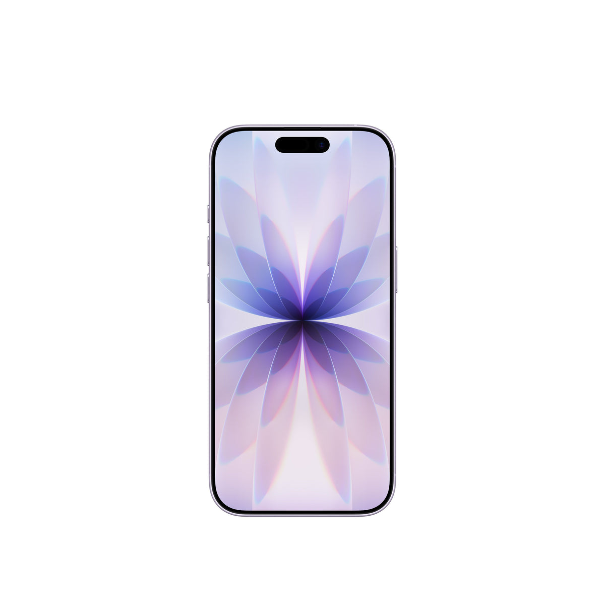 A front-facing view of the Lavender smartphone, highlighting its edge-to-edge display with the Dynamic Island and the symmetrical, light-toned floral abstract wallpaper.