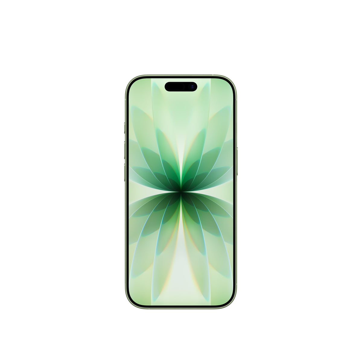 A front-facing view of the Sage smartphone, highlighting its edge-to-edge display with the Dynamic Island and the symmetrical, light-toned floral abstract wallpaper.