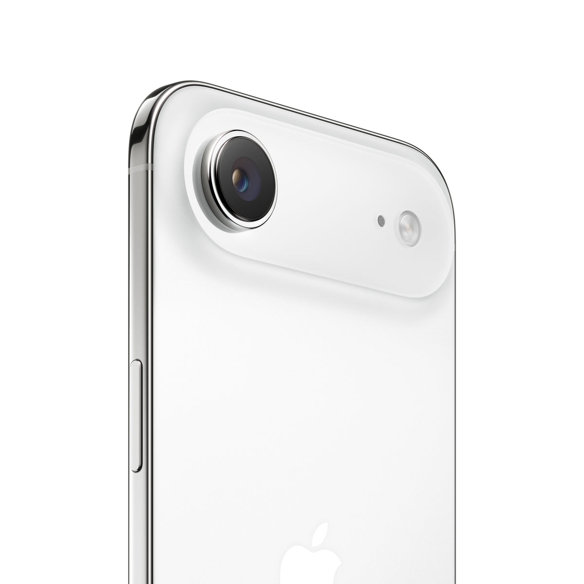 A close-up view of the white iPhone Air, highlighting the upper-rear horizontal camera plateau housing the single protruding camera lens, microphone hole, and flash, along with the polished metal frame and side button.
