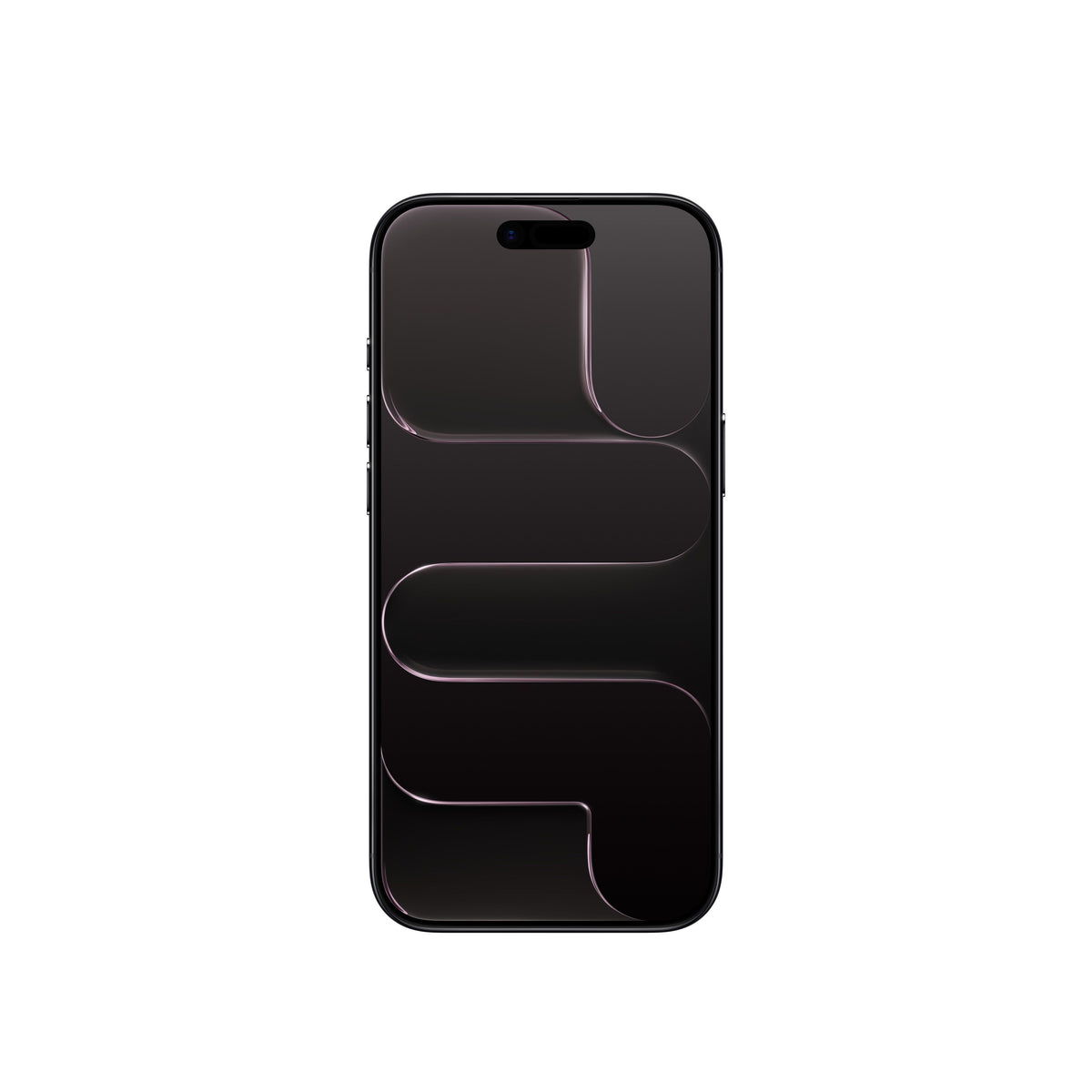 A front-facing view of the dark-colored iPhone Air smartphone, showcasing an all-screen display with slim bezels, the Dynamic Island pill-shaped cutout at the top, and a dark abstract geometric wallpaper with subtle rose-tinted edges.