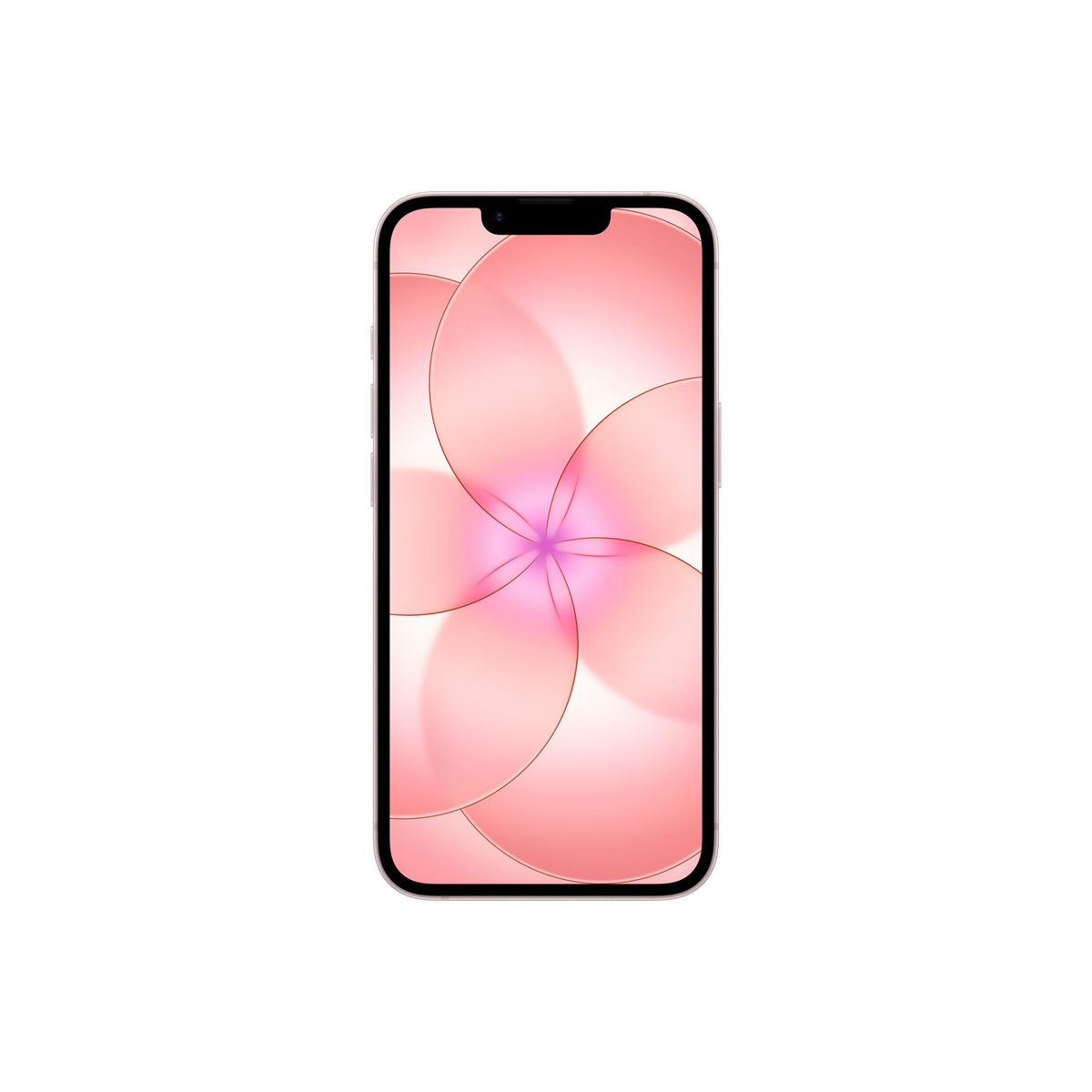 A front-facing view of a pink smartphone displaying an edge-to-edge screen with a top notch and a vibrant pink floral abstract wallpaper