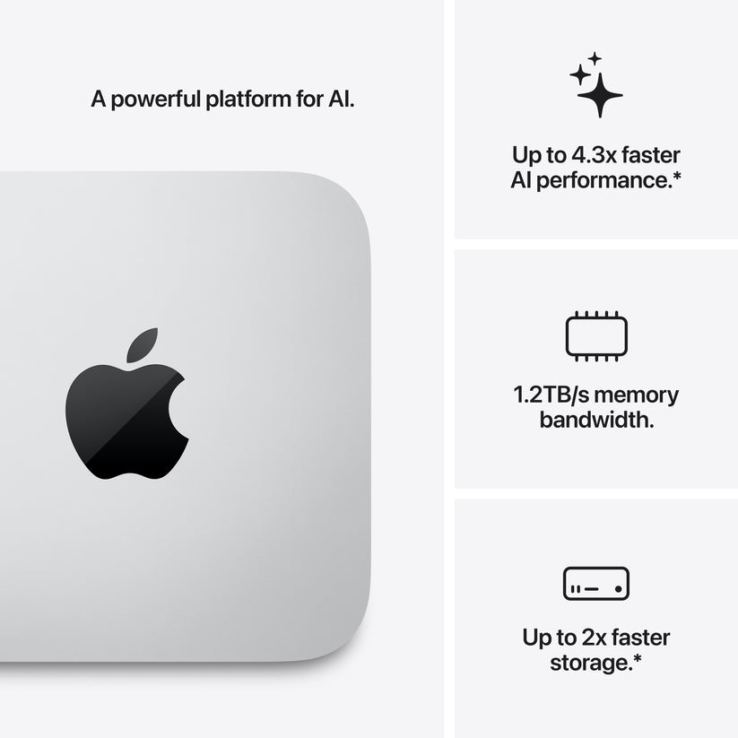 A promotional panel highlighting the Mac Studio with the Apple M5 Ultra chip as a powerful platform for AI, featuring up to 4.3x faster AI performance, 1.2TB/s memory bandwidth, and up to 2x faster storage.