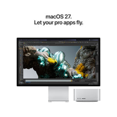 A promotional display for macOS 27 showing a Mac Studio paired with a Studio Display running professional applications.