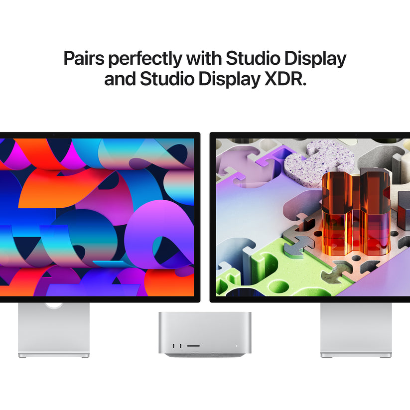 A desktop setup featuring the Mac Studio positioned centrally between a Studio Display and a Studio Display XDR.