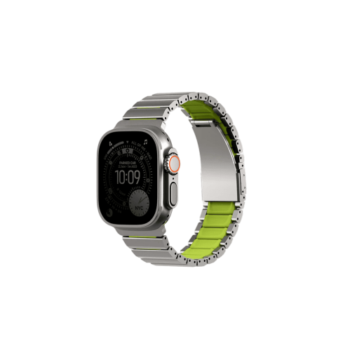 UNIQ STROVA FLEX APPLE WATCH SELF-ADJUSTABLE STEEL LINK BAND 49/46/45/44MM - TITANIUM SLIVER/LIME GREEN