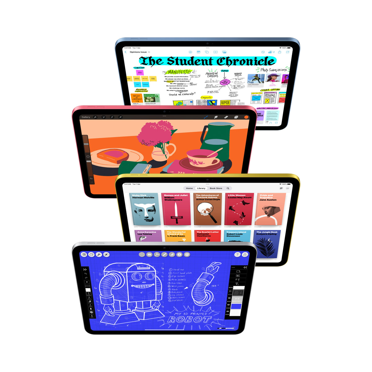 Four split screen layouts displayed on the Apple iPad A16 Wi-Fi 128GB Silver from Tradeline Egypt.