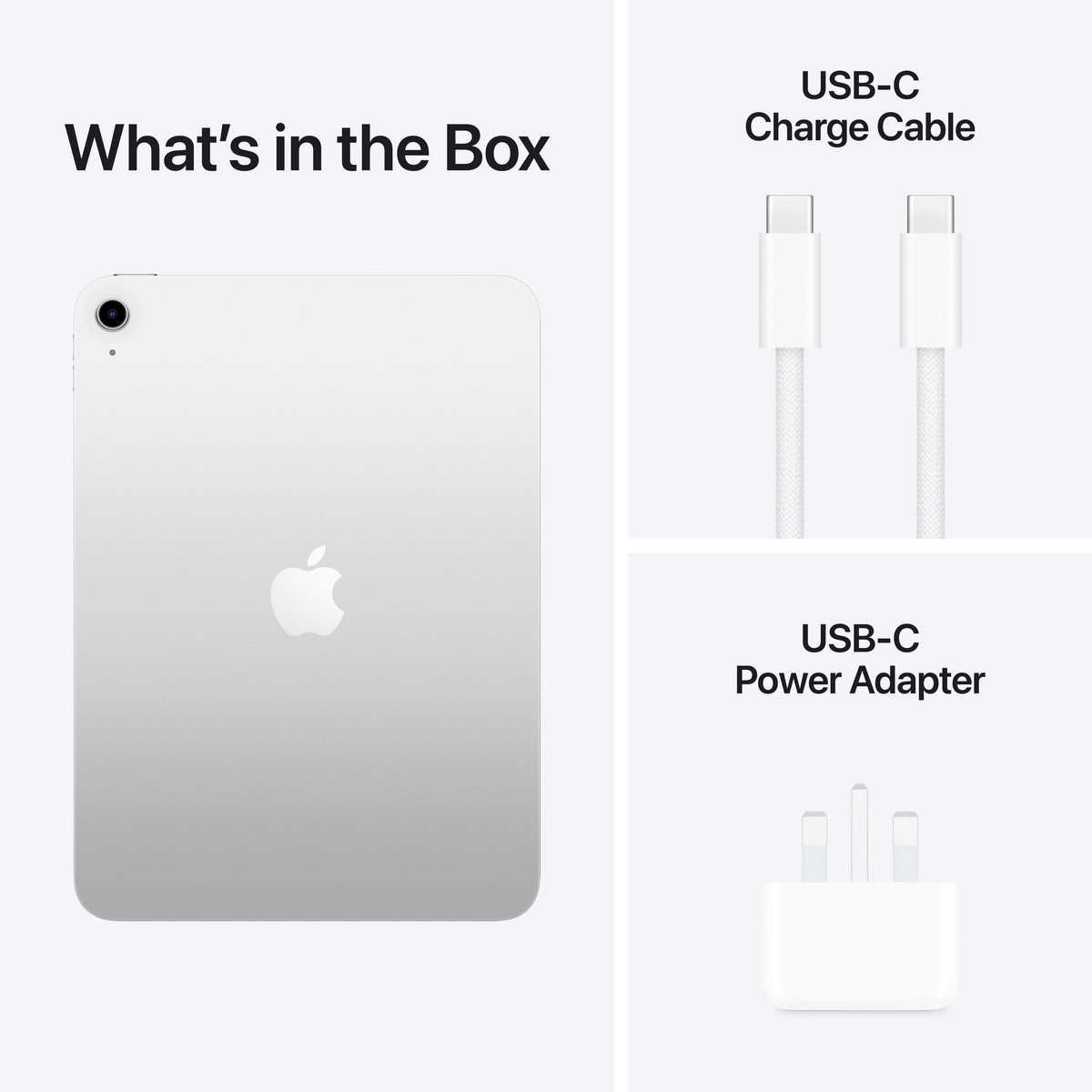 In-box components detailing the power adapter and charging cable for Apple iPad A16 128GB Silver at Tradeline.