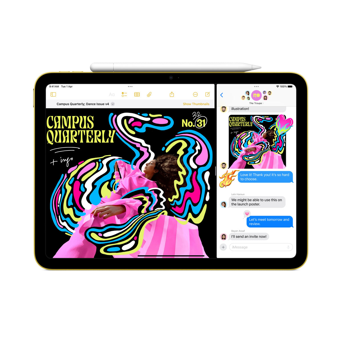 On-screen graphic view with Apple Pencil placed on top of the Apple iPad A16 Wi-Fi 128GB Silver at Tradeline.