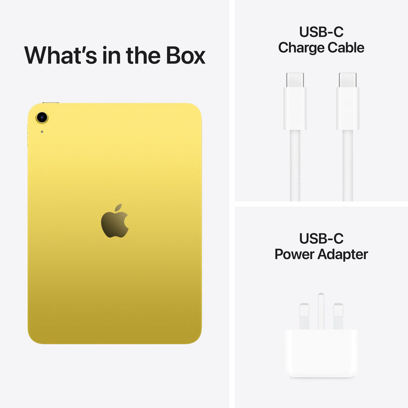 Included charging cable and wall adapter in box for Apple iPad A16 128GB Yellow at Tradeline.