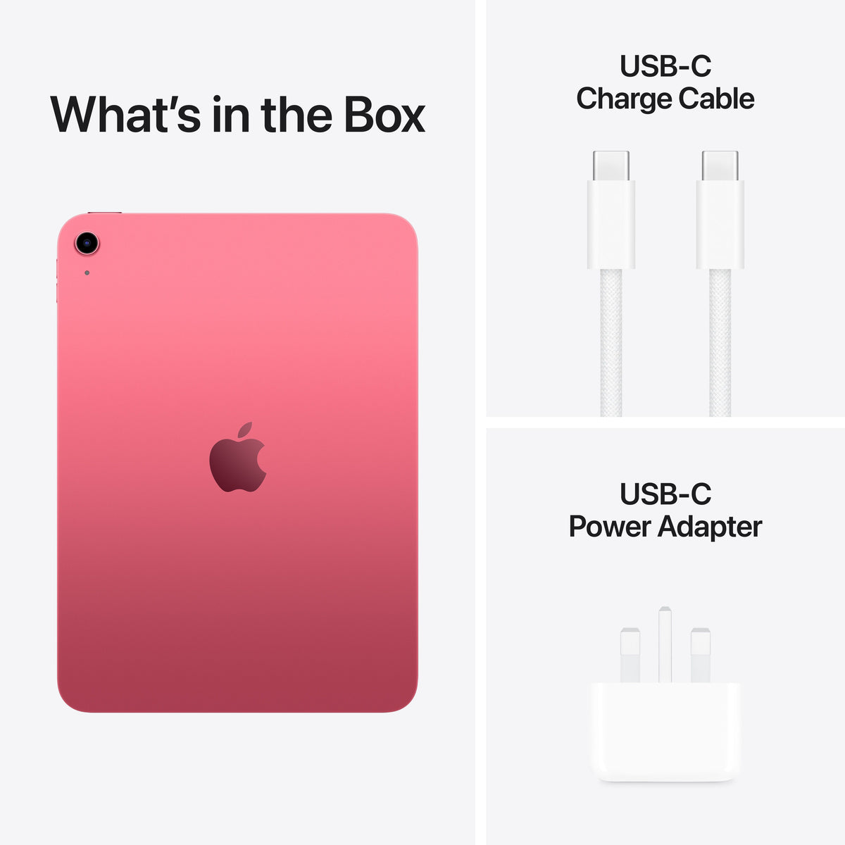 In-box retail items featuring cable and charging adapter for Apple iPad A16 256GB Pink at Tradeline.