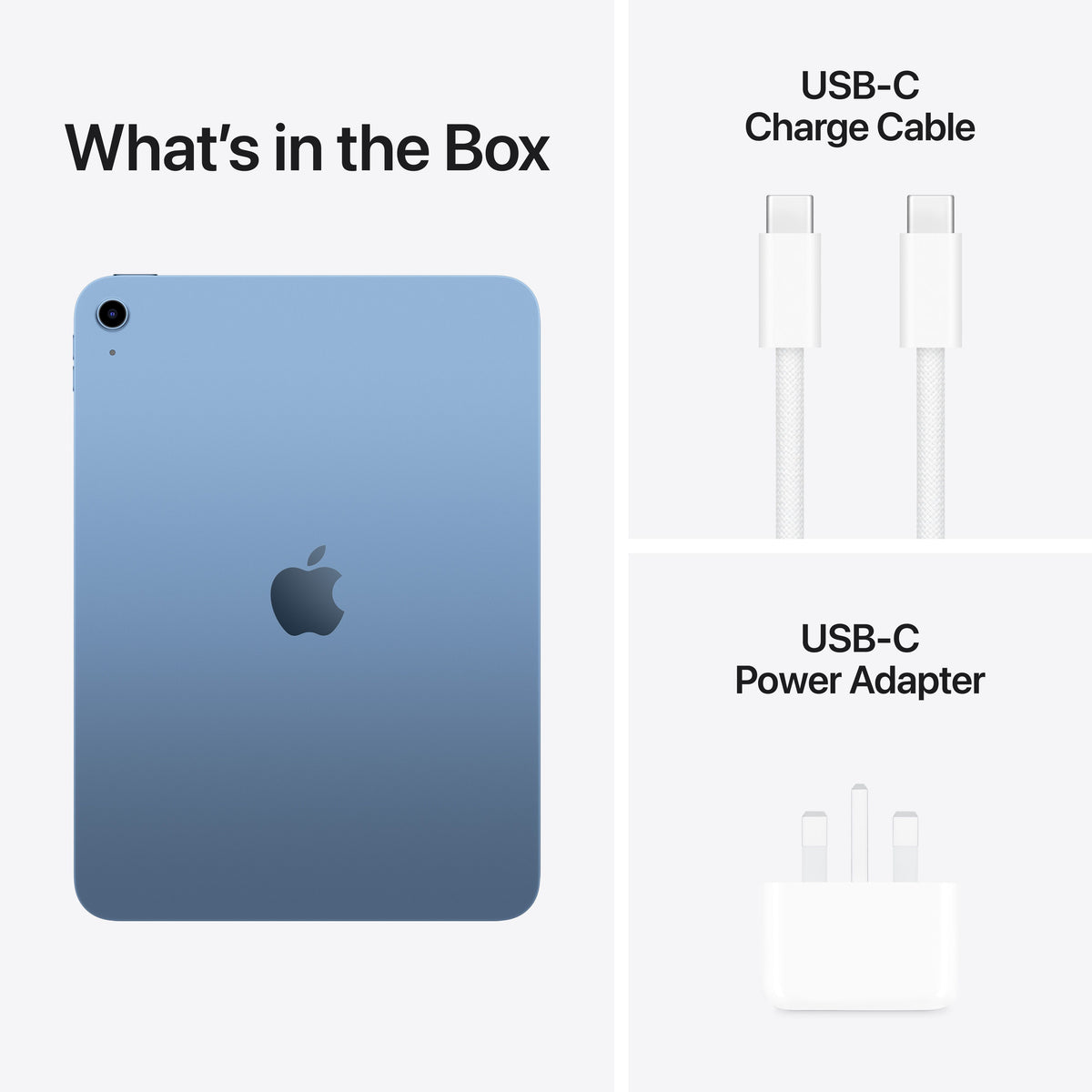 Unboxed accessories including USB cable and power adapter for Apple iPad A16 512GB Blue at Tradeline.