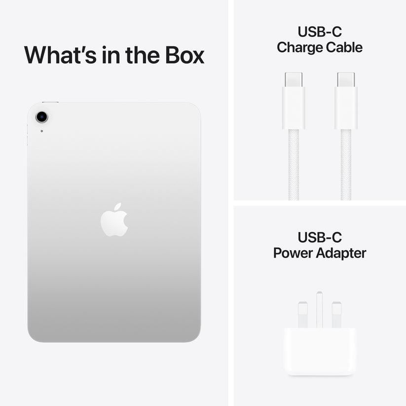Packaging contents showing the charging cable and power adapter for Apple iPad A16 512GB Silver at Tradeline.