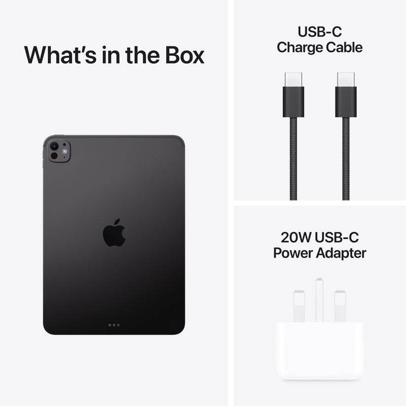 Package contents detailing the cable and charger for Apple iPad Pro M5 11-inch 1TB Space Black at Tradeline.
