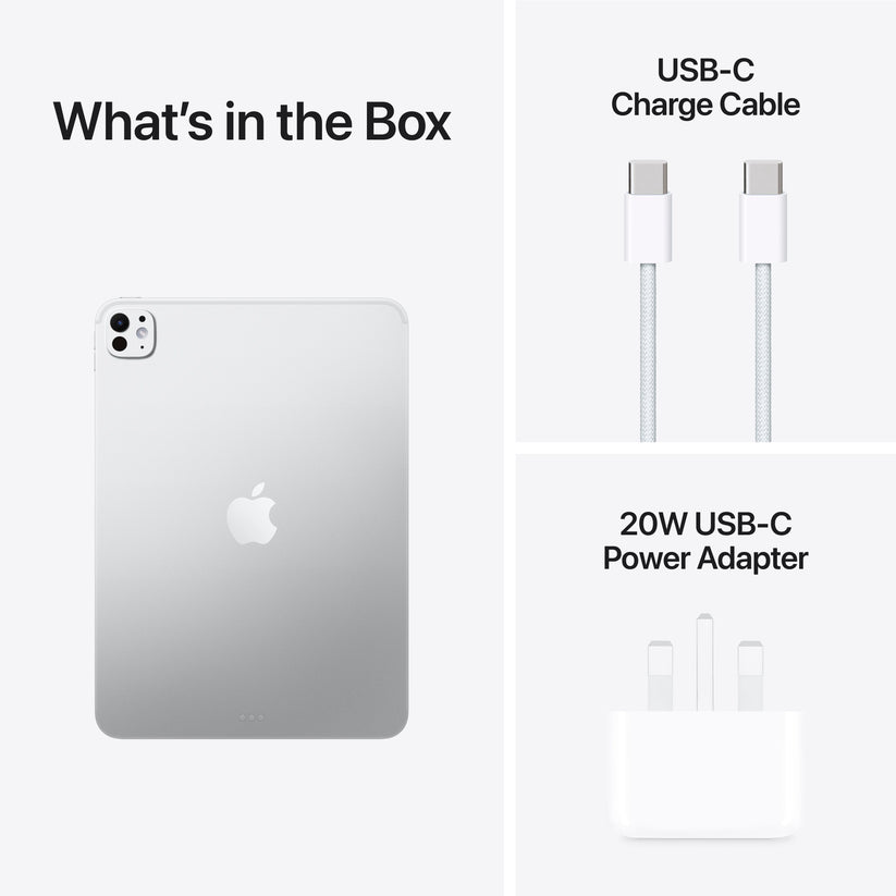 Package contents containing power adapter and USB cable for Apple iPad Pro M5 11-inch 256GB Silver at Tradeline.