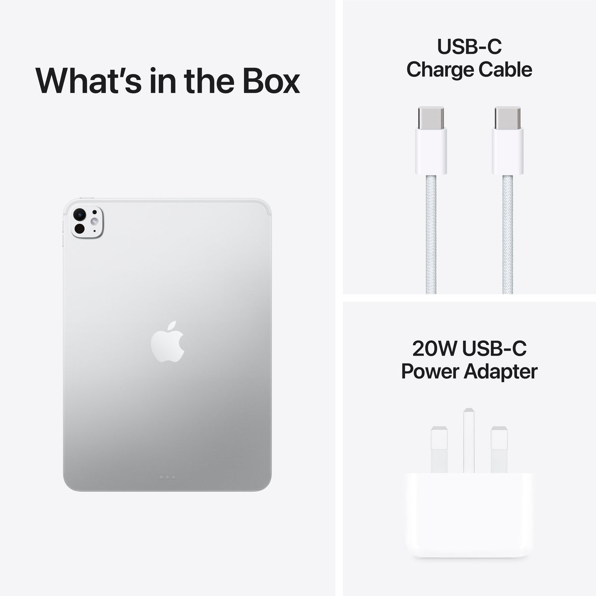 Box contents showing USB charging cable and adapter for Apple iPad Pro M5 11-inch 2TB Silver at Tradeline.