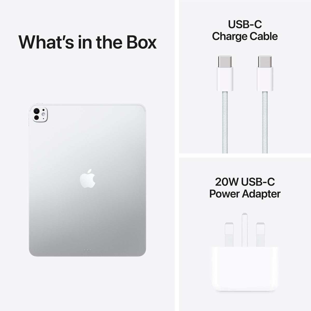 Package contents with USB-C cable and adapter for Apple iPad Pro M5 13-inch 1TB Silver at Tradeline.