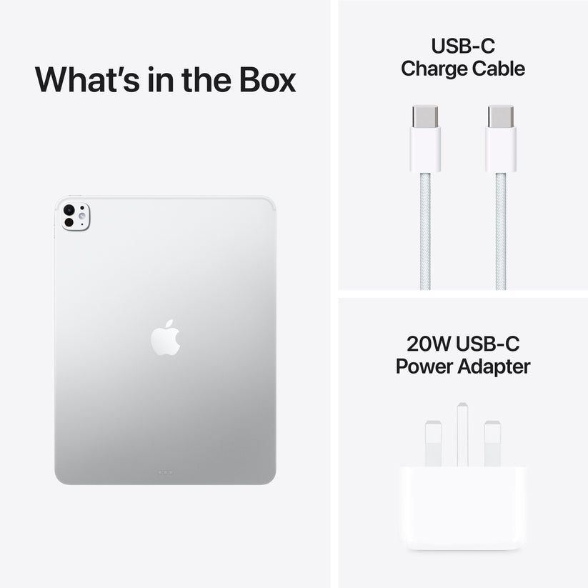 Package contents with USB-C cable and adapter for Apple iPad Pro M5 13-inch 1TB Silver at Tradeline.