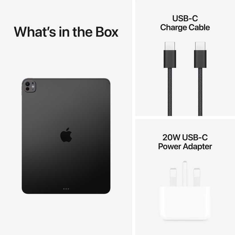 Box content accessories including cable and charging adapter for Apple iPad Pro M5 13-inch 256GB Space Black at Tradeline.