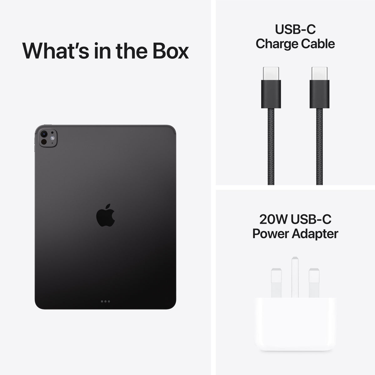 Box contents showing charger adapter and USB-C cable for Apple iPad Pro M5 13-inch 2TB Space Black at Tradeline.