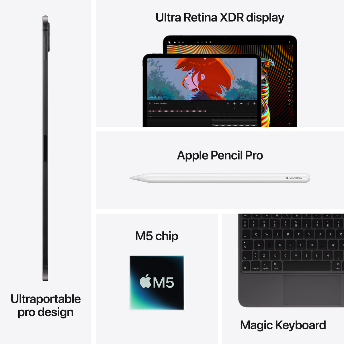 Focus view on the ultra slim design of Apple iPad Pro M5 13-inch Wi-Fi 2TB Nano-texture Space Black at Tradeline.