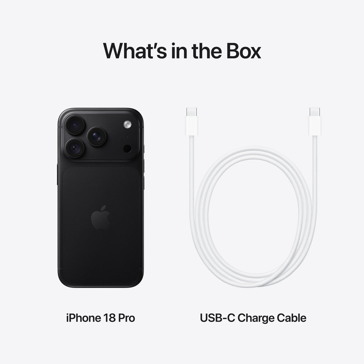 Box contents showing Apple iPhone 18 Pro 1TB Black and included USB-C cable at Tradeline.