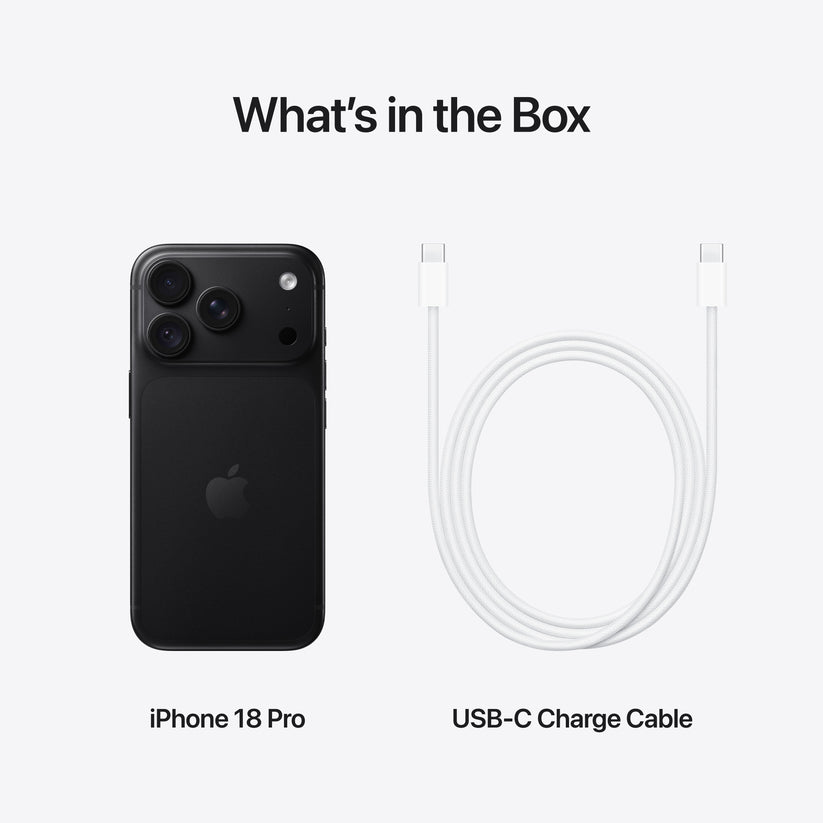 Box contents showing Apple iPhone 18 Pro 1TB Black and included USB-C cable at Tradeline.
