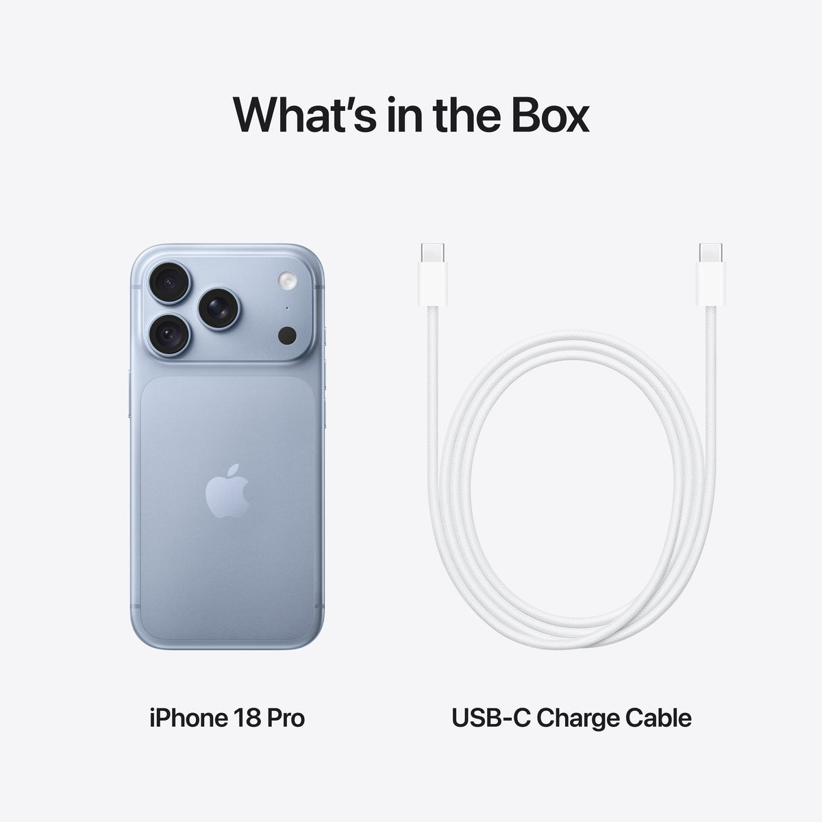 Standard package contents detailing iPhone 18 Pro 1TB Glacier and USB-C cable at Tradeline.