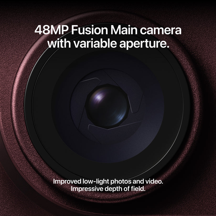 Highlighting the 48MP main camera lens on the Apple iPhone 18 Pro 256GB Burgundy from Tradeline.
