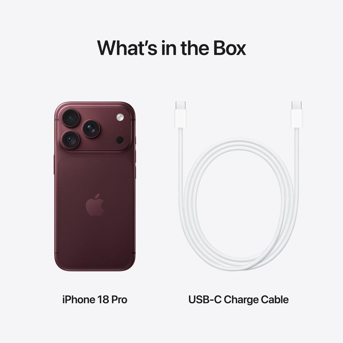 Retail box items including Apple iPhone 18 Pro 256GB Burgundy and USB-C cable at Tradeline.