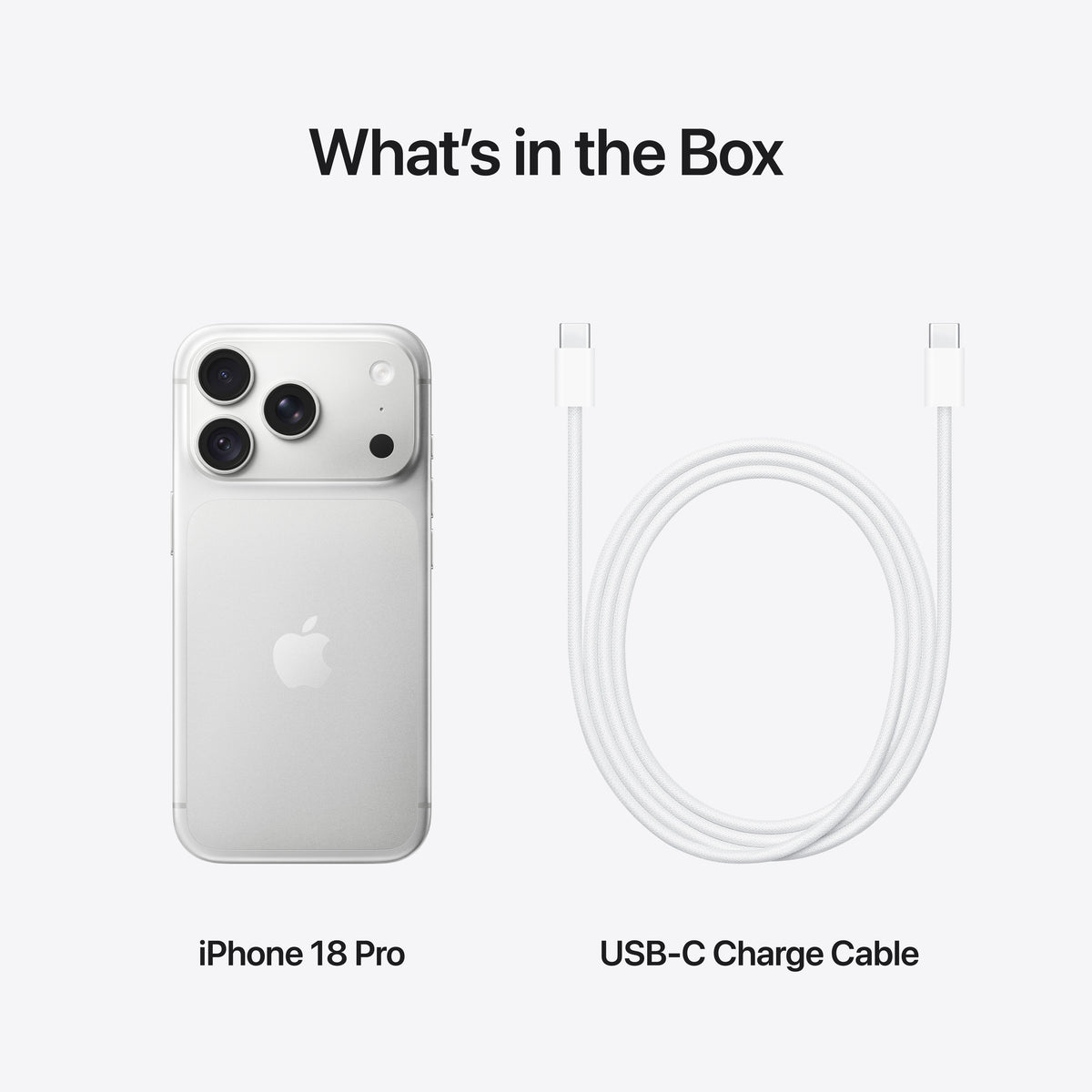 Unboxing detail showing Apple iPhone 18 Pro 512GB Silver and USB-C charging cord at Tradeline.