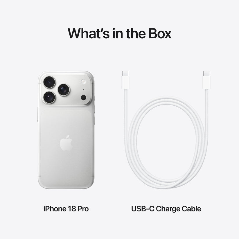 Unboxing detail showing Apple iPhone 18 Pro 512GB Silver and USB-C charging cord at Tradeline.