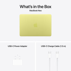 Retail box items including standard cable and power adapter for 13-inch MacBook Neo Citrus at Tradeline.